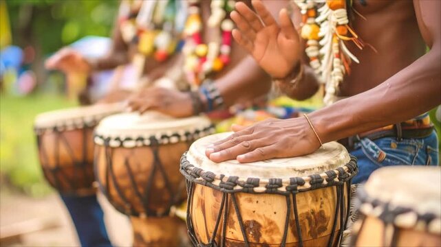 Close up of hands playing drums with natural sunlight and blurred background