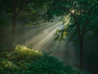 Fototapeta premium Captivating woodland scene with sun rays filtering through foliage