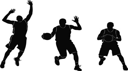 Set of black silhouette vector illustrations of three basketball players in action poses, isolated on white background for sports.