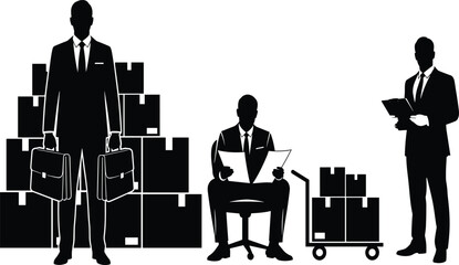 Black and white vector silhouettes of businessmen managing warehouse inventory boxes, logistics shipping concept, isolated on white background, corporate operations.