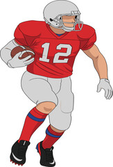 American football player running with ball, vector illustration isolated on white background, athlete in red jersey playing sport game concept.