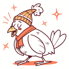 A cheerful bird wearing a winter hat and scarf isolated on