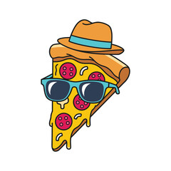 Vibrant Pizza Slice Character with Blue Sunglasses and Orange Fedora Hat Vector.eps