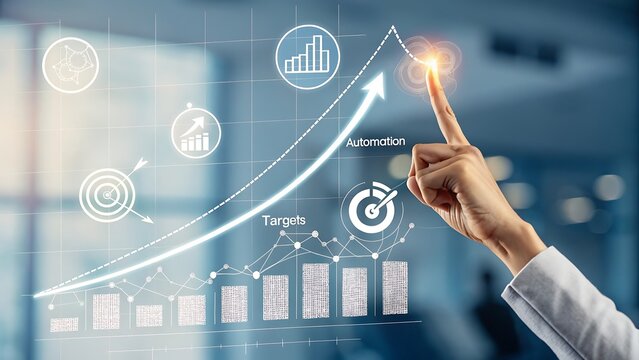 Hand touching a glowing digital graph showing upward financial growth and success - Powered by Adobe