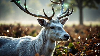 Enchanted white deer with sparkling antlers and glowing droplets standing in an autumn field with bokeh lights.