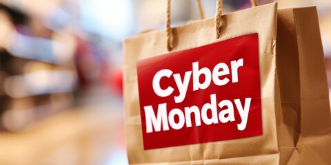 Shopping bag announcing Cyber Monday discounts in a retail store filled with colorful products