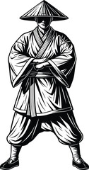 Vector illustration of an Asian martial arts master wearing a conical hat, a black and white ink-style sketch, isolated on a white background.