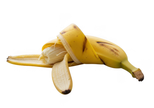 Partially peeled banana isolated on transparent background, revealing the creamy flesh, with the skin still attached, showcasing the transition from peel to edible fruit