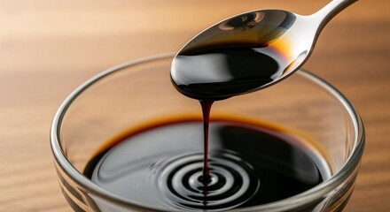 Dripping artisanal vinegar in glass bowl on wooden background with copy space