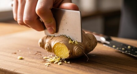 Hand crushing fresh ginger root on wooden cutting board for fermentation