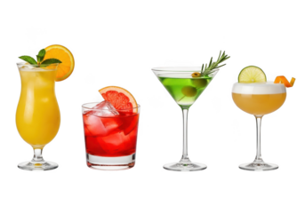 Colorful cocktails assortment isolated on transparent background