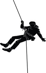 Black silhouette of a person rappelling down a rope, wearing a helmet and harness, isolated on white, adventure sport or tactical rescue concept.