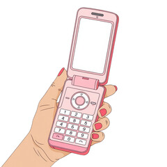 Pink flip phone held by hand isolated on transparent background