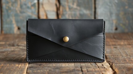 Stylish black leather envelope wallet with a secure brass button, perfect for elegant organization on wood
