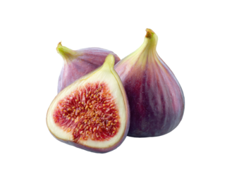 Two fresh figs, one whole and one halved, display vibrant purple-pink hues.  The cut fig reveals a glistening interior of ruby-red seeds