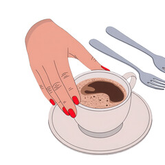 3d rendered illustration of hand holding coffee cup with forks isolated on transparent background