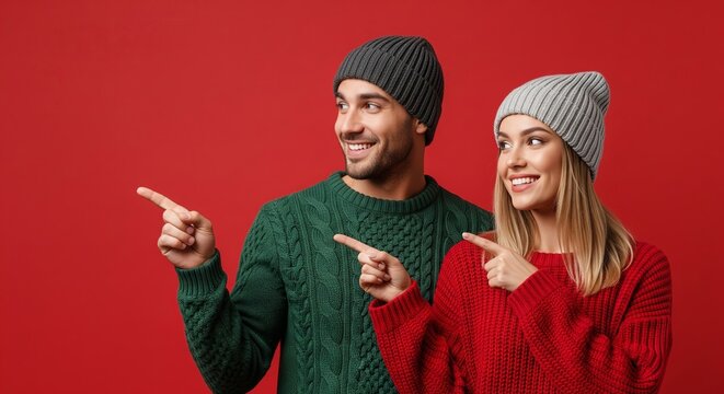 Joyful young couple in cozy winter sweaters and matching beanies happily pointing to the side, sharing a festive moment with big smiles against a vibrant red backdrop, celebrating togetherness