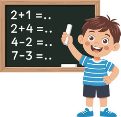 Cartoon boy solving math problems on chalkboard, happy child learning arithmetic in classroom, educational school illustration for kids learning