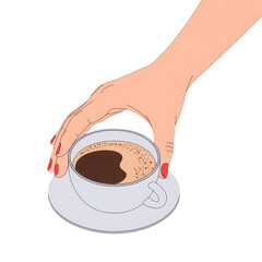 Hand reaching for coffee cup illustration isolated on transparent background