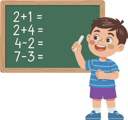 Cartoon boy solving math problems on chalkboard, happy child learning arithmetic in classroom, educational school illustration for kids learning