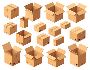 Fototapeta premium Cardboard boxes closed, open, and various perspectives