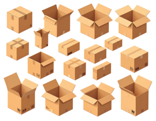 Cardboard boxes closed, open, and various perspectives