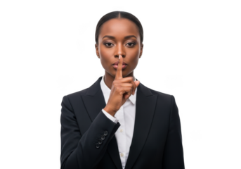 Professional african american woman in business attire gesturing for silence with finger to lips isolated on transparent background