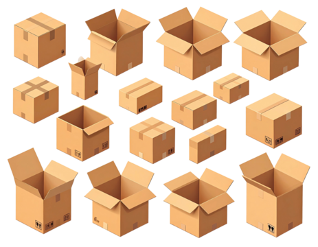Cardboard boxes closed, open, and various perspectives
