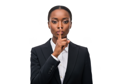 Professional african american woman in business attire gesturing for silence with finger to lips isolated on transparent background