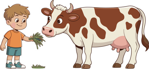 Cartoon boy feeding cow with fresh grass, friendly farm animal interaction illustration showing child caring for livestock in countryside setting