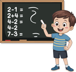 Cartoon boy solving math problems on chalkboard, happy child learning arithmetic in classroom, educational school illustration for kids learning