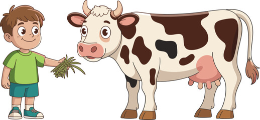 Cartoon boy feeding cow with fresh grass, friendly farm animal interaction illustration showing child caring for livestock in countryside setting