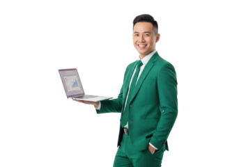 Smiling young asian businessman in a vibrant green suit holding a modern silver laptop isolated on transparent background