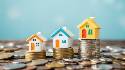 Tiny houses perched atop stacks of coins symbolizing housing investment