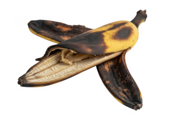 Overripe banana peel isolated on transparent background, showing signs of decay and browning, indicating spoilage and the end of its edible life, a common sight in fruit bowls