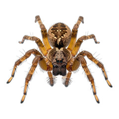 Fototapeta premium A detailed macro photograph captures a brown wolf spider with intricate patterns and prominent eyes against a stark black background.