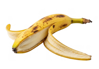 A partially peeled banana isolated on transparent background, revealing its creamy interior and speckled skin, symbolizing healthy eating and organic produce
