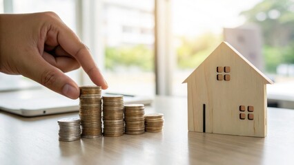 Hand points to stacked coins near wooden house model