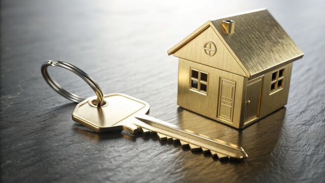 Golden key and miniature house symbolizing home ownership