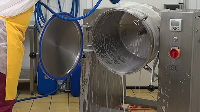 In a factory kitchen, a worker wearing a yellow apron cleans a large, stainless steel industrial machine. The worker uses a brush and a hose to wash the inside of the machinery.