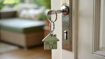 House key hangs from a door lock on a metal handle