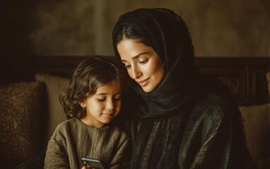 A calm and affectionate family moment showing a mother guiding her daughter while viewing content on a smartphone. Great for topics such as communication, childhood development, and home life.