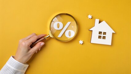 Magnifying glass examines percent sign next to house on yellow background