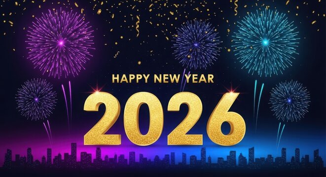 Happy new year 2026 with colorful fireworks over city skyline celebration