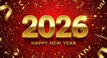 Golden 2026 numbers with happy new year text and falling confetti on red background
