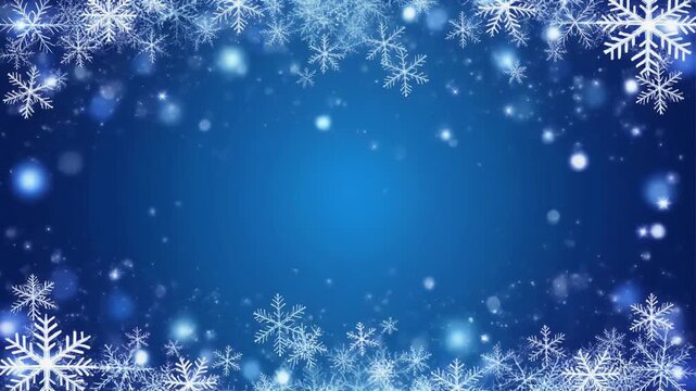 Marco decorativo azul de copos de nieve blancos alrededor de todo el borde, con diferentes tamaños y diseños, creando un efecto helado y festivo. Pequeñas partículas de nieve dispersas por el fondo. - Powered by Adobe