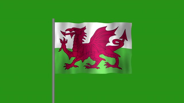 Flag of Wales, Pole flag of Wales on Green screen chroma key, Wales 3D Animation flag waving in the wind isolated on Green Background. 

