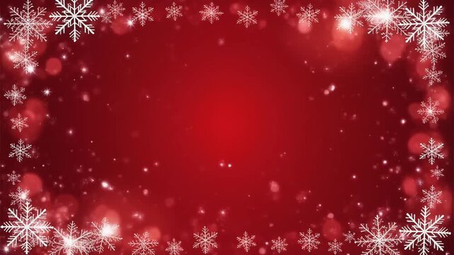 Marco decorativo rojo de copos de nieve blancos alrededor de todo el borde, con diferentes tama&ntilde;os y dise&ntilde;os, creando un efecto helado y festivo. Peque&ntilde;as part&iacute;culas de nieve dispersas por el fondo.