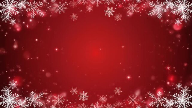 Marco decorativo rojo de copos de nieve blancos alrededor de todo el borde, con diferentes tama&ntilde;os y dise&ntilde;os, creando un efecto helado y festivo. Peque&ntilde;as part&iacute;culas de nieve dispersas por el fondo.