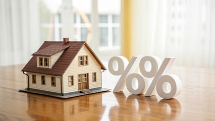 Miniature house with large percentage symbols representing mortgage rates